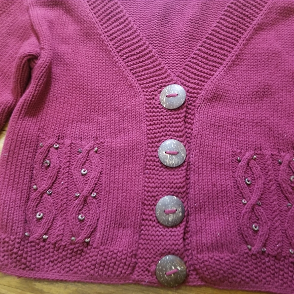 Pure Handknit Big Button M/L Bead Vneck Dark Fuscia Cotton Knit Cardigan Sweater - Picture 4 of 11